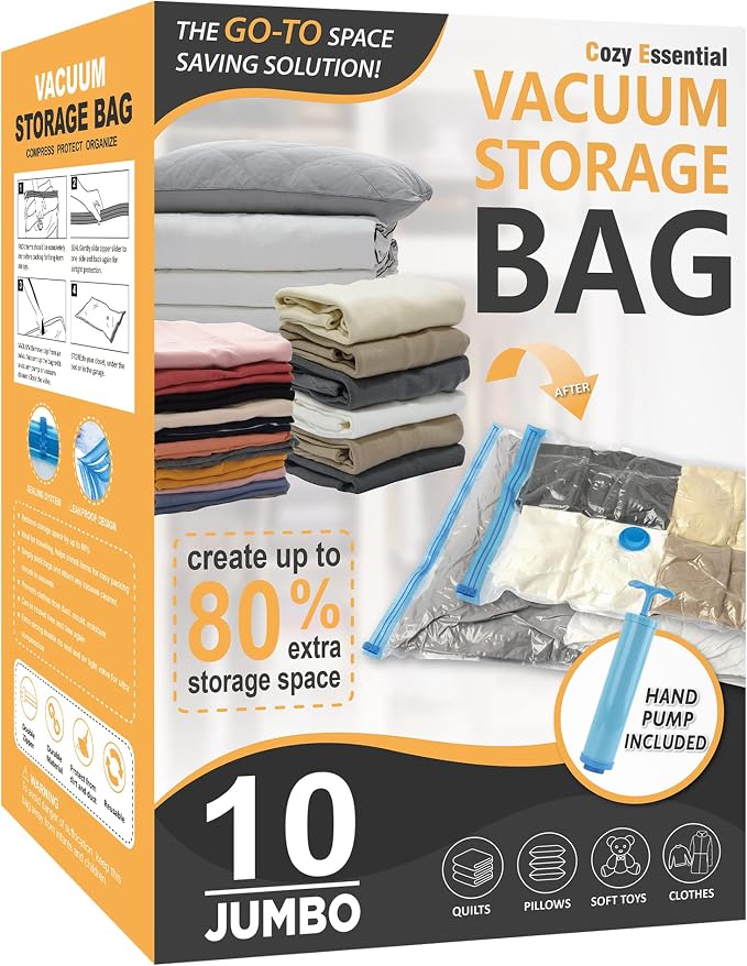 10 Jumbo Vacuum Storage Bags, Space Saver Bags Compression Storage Bags by CozyEssential
