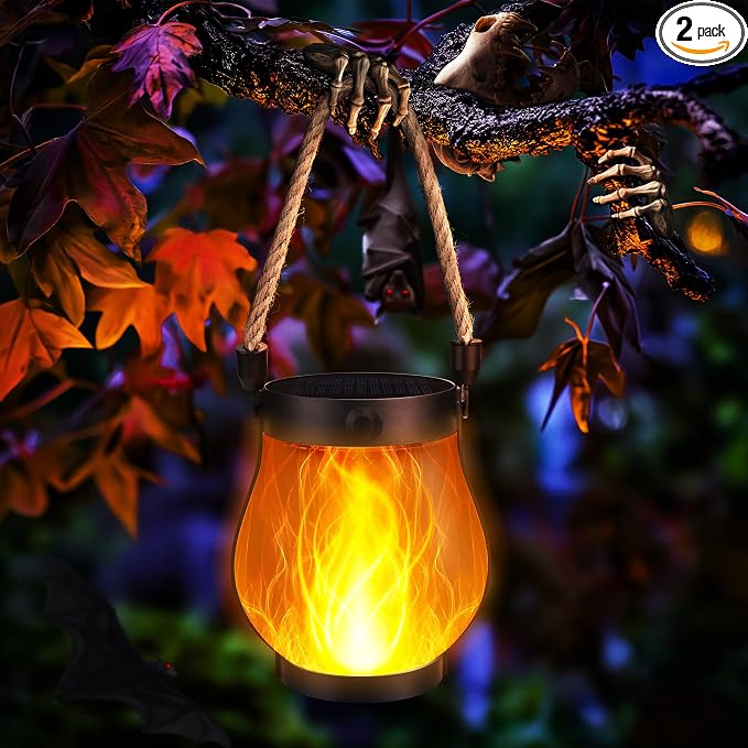 Halloween Solar Flame Lantern Hanging Outdoor Waterproof Purple by Jyoiat