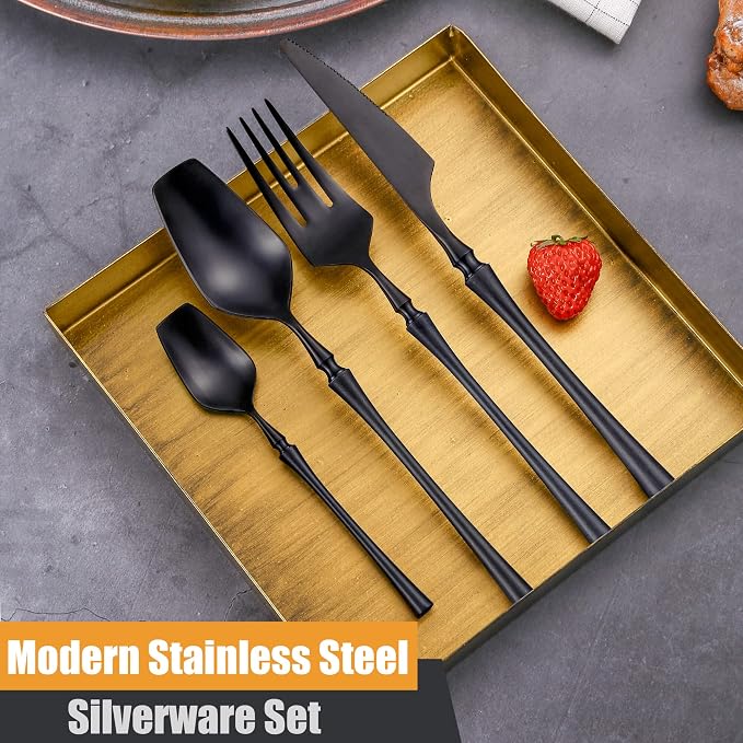 24-Piece Black Silverware Set for 6, Modern 18/10 Stainless Steel Flatware Set - Image 3