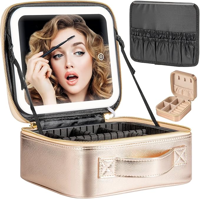 Makeup Travel Train Case with Mirror LED Light 3 Adjustable Brightness Large by Extrei+Gent
