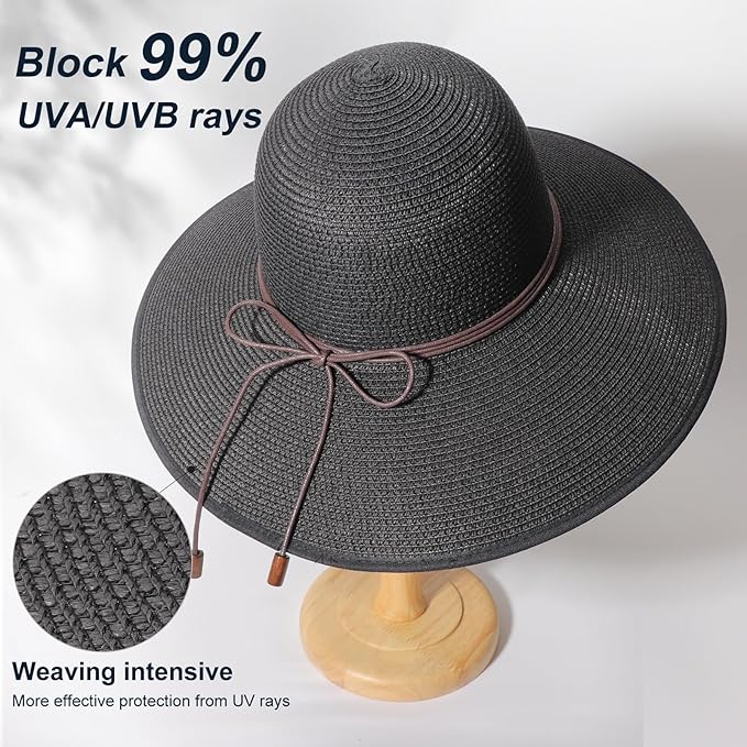 DRESHOW Beach Hats for Women Big Straw Wide Brim Summer Hat Floppy Foldable - Image 2