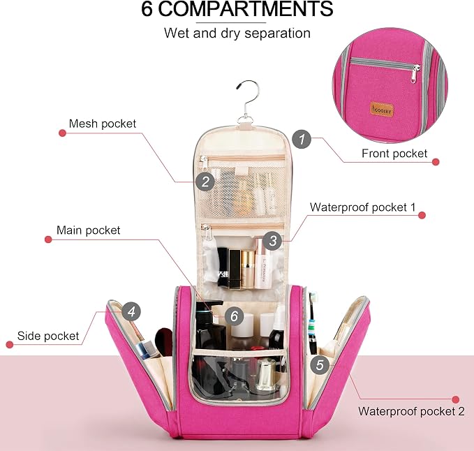 Hanging Travel Toiletry Bag for Women and Men, 6 Organizer Compartments - Image 3