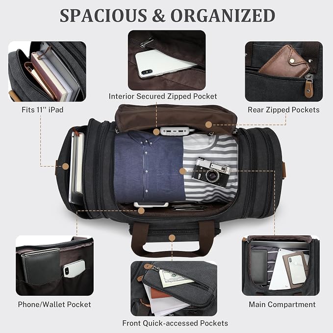 Gonex Canvas Duffle Bag for Travel 60L Expandable Duffel Weekend Overnight Bag - Image 6