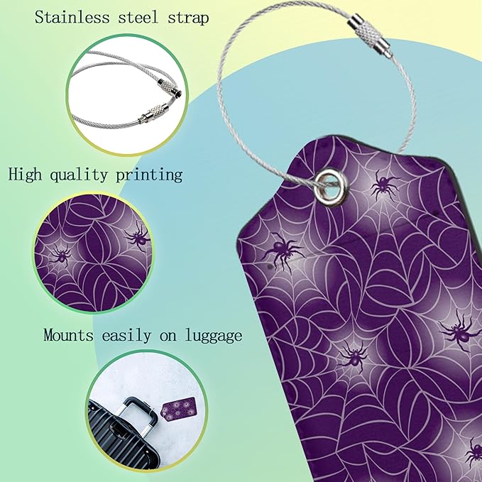 Halloween Luggage Tags Set of 2 Purple Spider Web Leather Suitcase Tags - Image 4