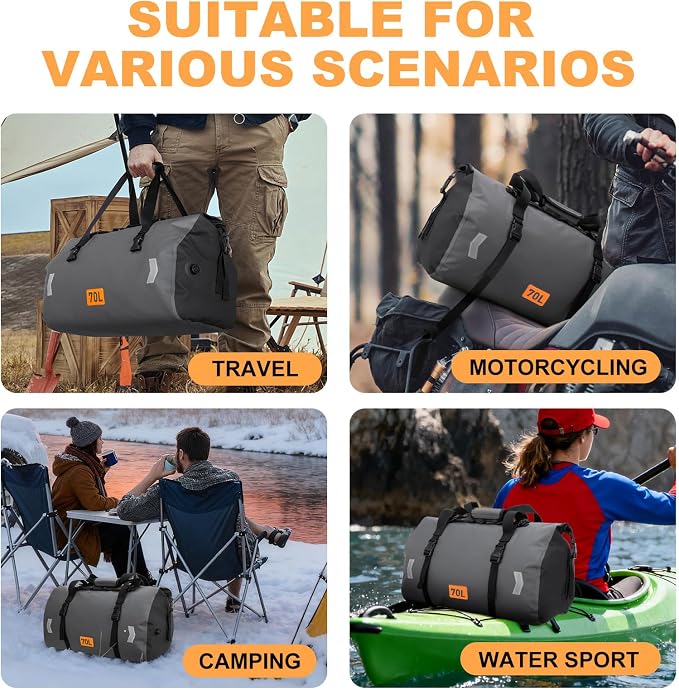 Waterproof Duffel Bag, 70L Roll-top Motorcycle Dry Bag - Image 7