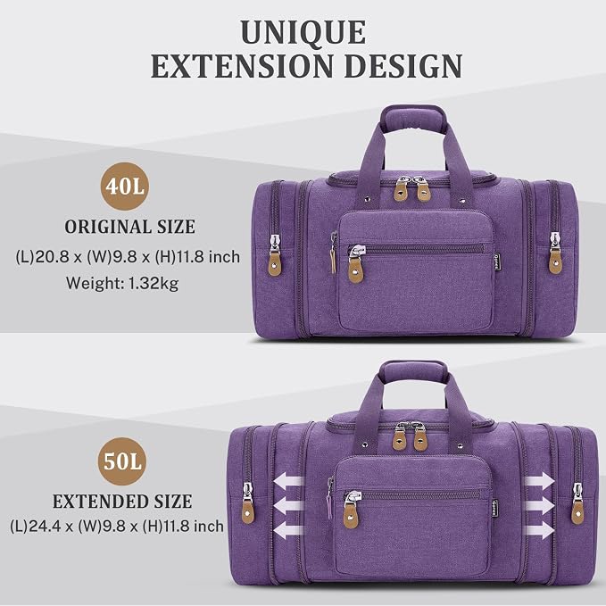 Gonex Canvas Duffle Bag for Travel 50L Expandable Duffel Weekend Overnight Bag - Image 3