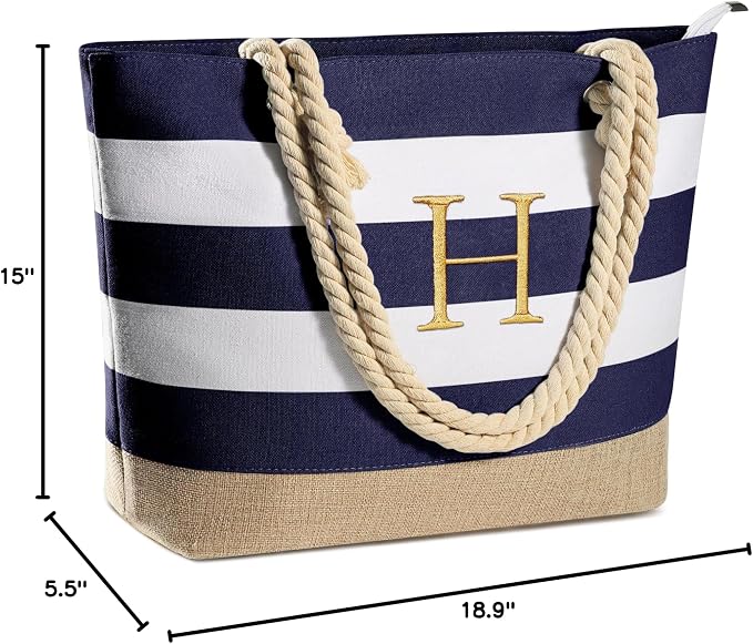 YOOLIFE Initial Canvas Waterproof Beach Tote Bag Zipper Personalized Gifts - Image 8