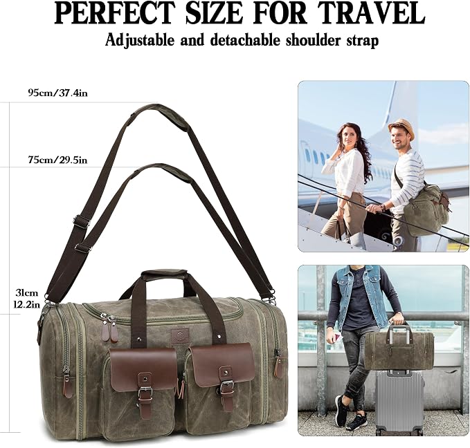 Waxed Canvas Duffle Bag for Men 60L Travel Duffel Bags Expandable Genuine - Image 6