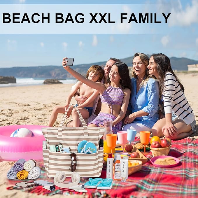LEDAOU Large Beach Tote Bag Women Waterproof Sandproof Zipper Beach Tote Bag - Image 3