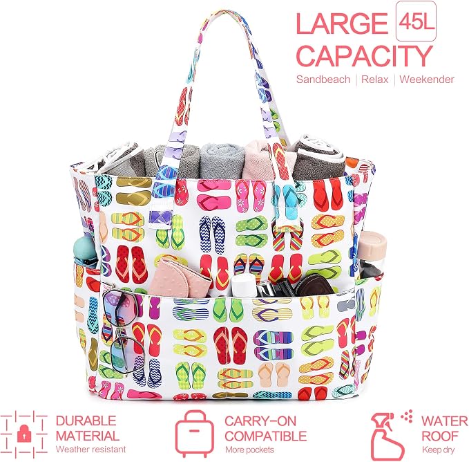 LEDAOU Large Beach Tote Bag Women Waterproof Sandproof Zipper Beach Tote Bag - Image 6