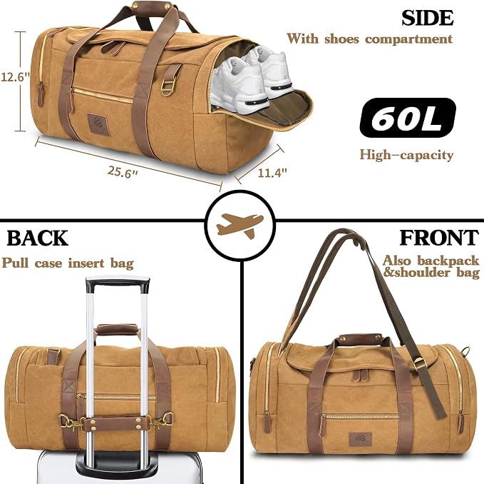 60L Travel Bags for Men, Nomad Canvas Duffle Bag Vintage Genuine Leather Travel - Image 3