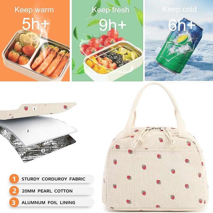 Bluboon Lunch Bag for Women Men Cute Corduroy Lunch Tote Bags Reusable - Image 4