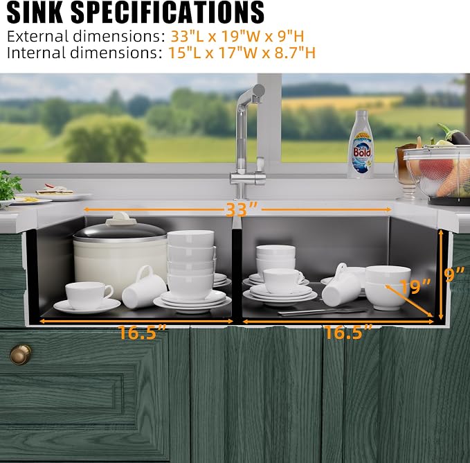 33 Inch Undermount Kitchen Sink Stainless Steel, 33x19 Double Bowl Kitchen - Image 2