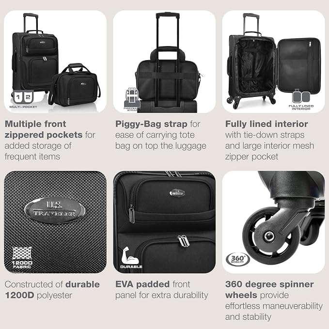 U.S. Traveler Lightweight Rolling 20" Carry On Luggage Softside Suitcase - Image 5