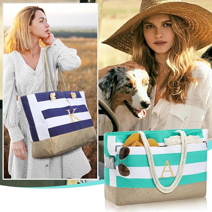 YOOLIFE Large Initial Beach Bag Waterproof Tote Zipper Bag Personalized Gifts - Image 2