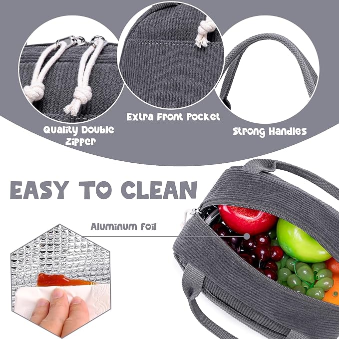 Bluboon Lunch Bag for Women Men Cute Corduroy Lunch Tote Bags Reusable - Image 5