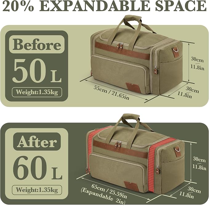 SHOWKOO Duffle Bag for Travel 60L Expandable Canvas Travel Bag Durable Vintage - Image 2