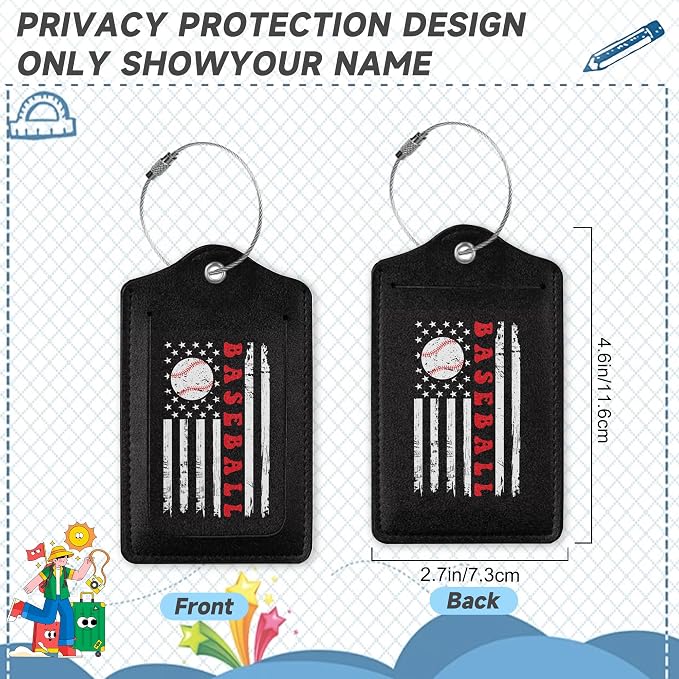 2 Pack Leather Luggage Tag for Suitcase Vintage Baseball American Flag Unique - Image 2