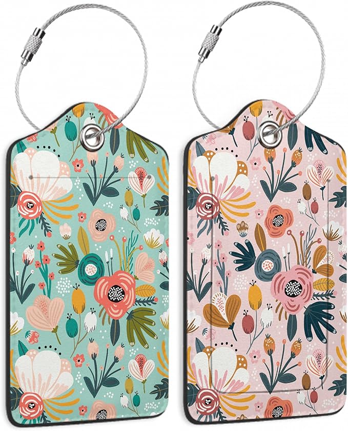 2 Pack Leather Luggage Tag for Suitcase Spring Flowers Leaves Berries Unique by TXIANT