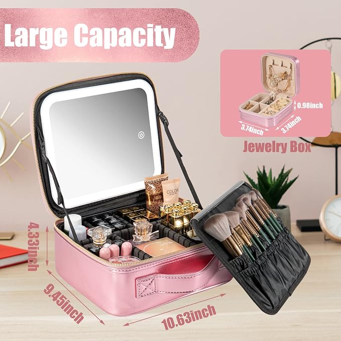 Makeup Travel Train Case with Mirror LED Light 3 Adjustable Brightness Large - Image 5