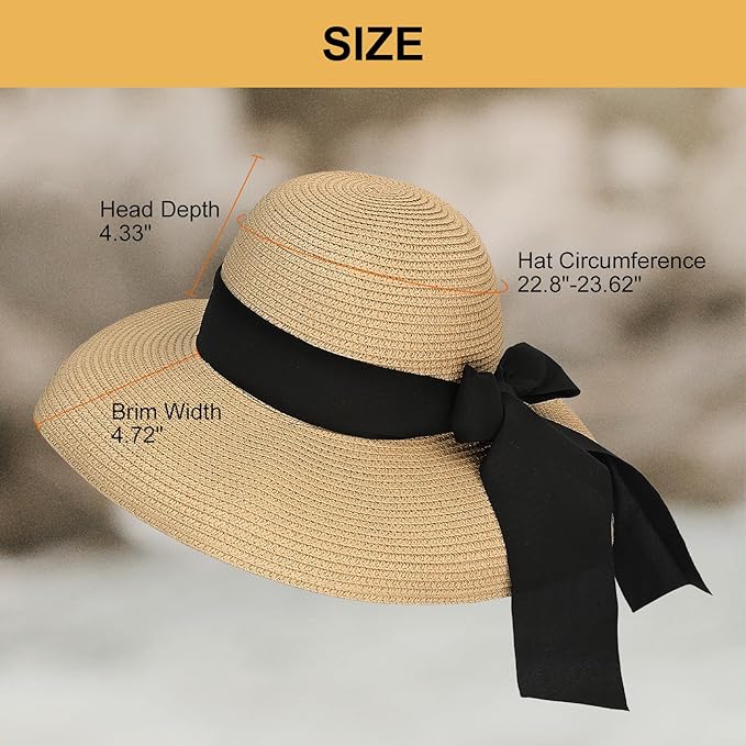 Surblue Straw Summer Hat Women's Floppy Sun Hat Wide Brim Beach Bow Hat - Image 3