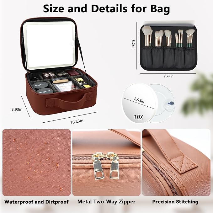 Travel Makeup Bag with LED Mirror and 10x magnifying glass with 3 Lighted - Image 5