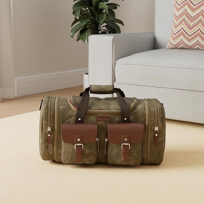 Wildroad Waxed Canvas Duffle Bag - 60L Waterproof Genuine Leather Weekender - Image 2