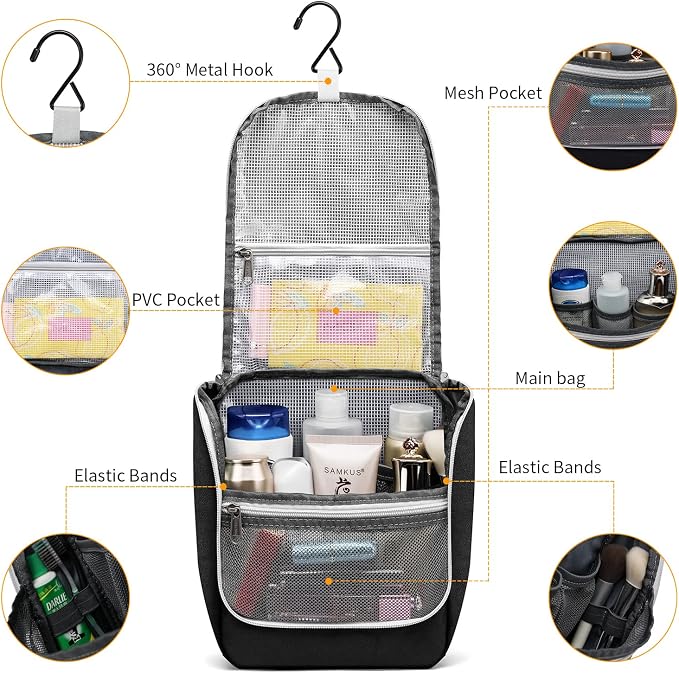 Della Gao Black Water Repellent Polyester Hanging Toiletry Bag - Image 5