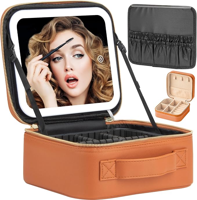 Makeup Travel Train Case with Mirror LED Light 3 Adjustable Brightness Large by Extrei+Gent