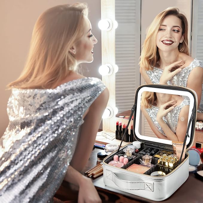 Makeup Travel Train Case with Mirror LED Light 3 Adjustable Brightness Large - Image 6