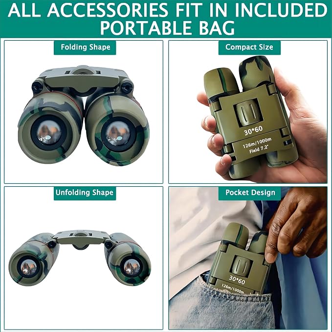 Compact 30x60 Binoculars for Adults and Kids, Foldable Lightweight Easy Focus - Image 6