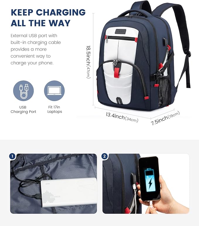 LOVEVOOK 17 inch Blue&White Travel Laptop Backpack - Image 3