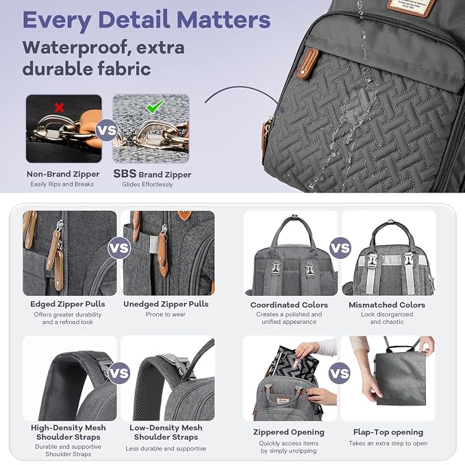 RUVALINO Diaper Bag Backpack, Large Capacity, Waterproof, Dark Gray - Image 6