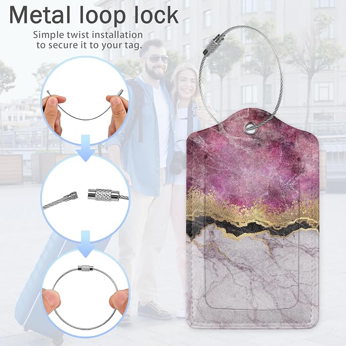 Gold Blue Pink Marble Abstract Luggage Tags, 2 Pack Luggage Tag, Leather - Image 5