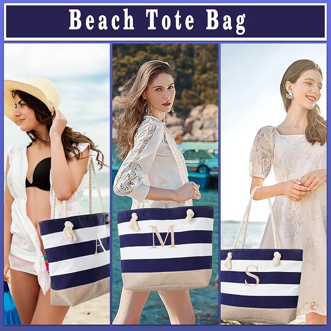 YOOLIFE Initial Canvas Waterproof Beach Tote Bag Zipper Personalized Gifts - Image 2