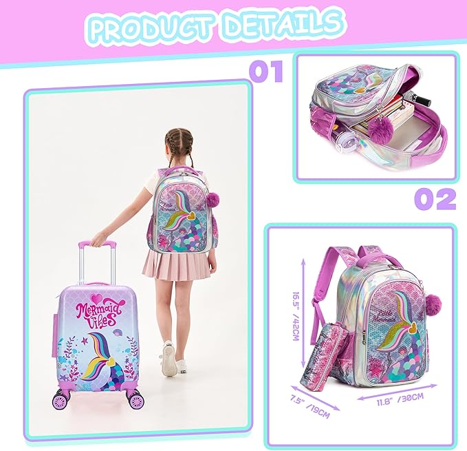 Cute Pink Mermaid Kid’s Luggage Set 5 Piece Suitcase Set 16’’ Hardside Luggage - Image 3