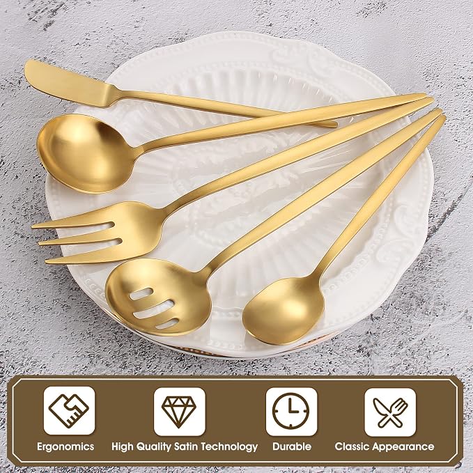 Matte Gold Serving Silverware Set, 5-Piece Round Shared Utensils Set of - Image 3