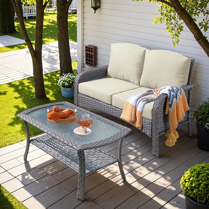 HOOOWOOO Patio Furniture Set, Outdoor High Back Loveseat Set, All Weather by DesignforBetterLife