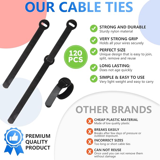 120 x Reusable Cable Ties Black, Adjustable Releasable Hook and Loop Cable - Image 3