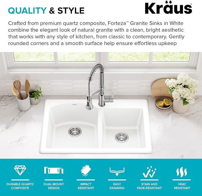 KRAUS Forteza 33-inch Granite Drop In/Undermount 60/40 Double Bowl White - Image 3