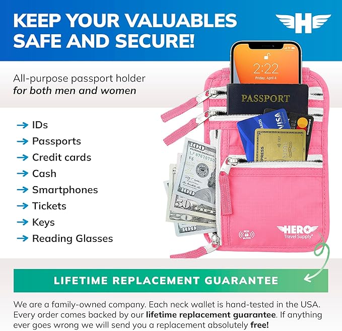 Hero Travel Supply Neck Wallet, RFID Blocking Passport Holder - Image 2