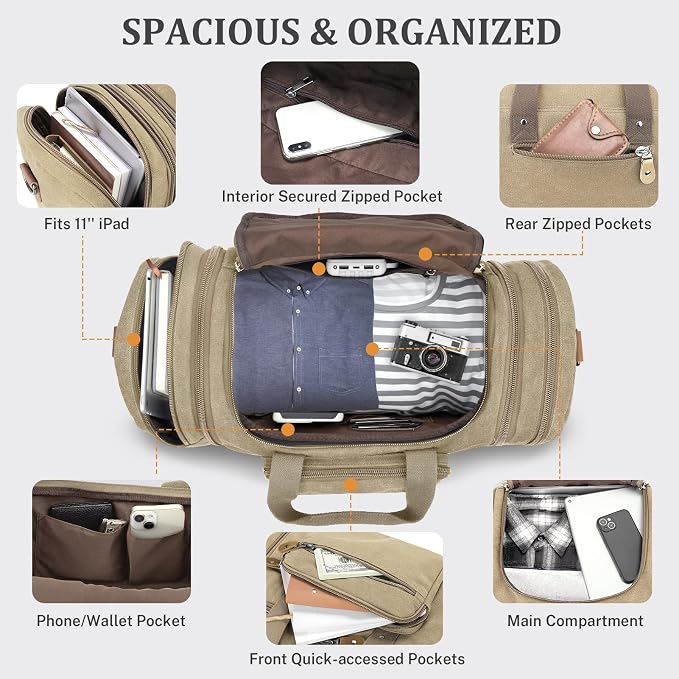 Gonex Canvas Duffle Bag for Travel 50L Expandable Duffel Weekend Overnight Bag - Image 5