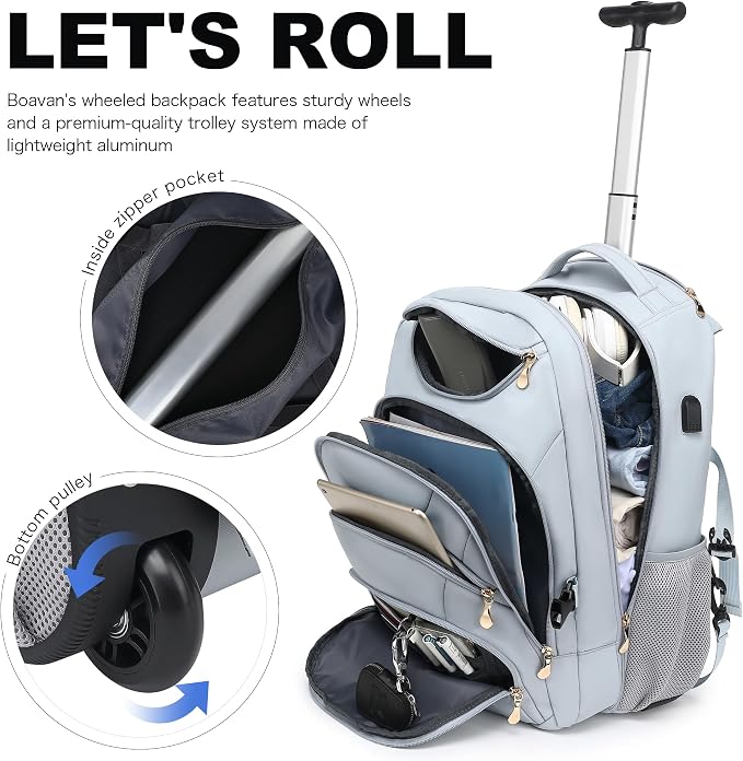Boavan Rolling Backpack for Women, 17.3 Inch Wheeled Laptop Backpack, Large - Image 6