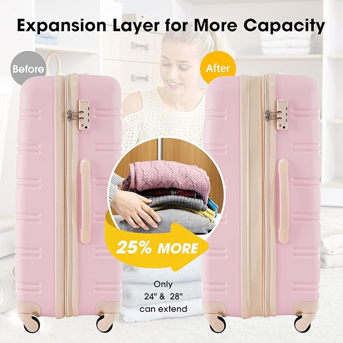 Merax Luggage sets of 2 Piece 20 24 IN Carry on Luggage Hard Case White Pink - Image 4