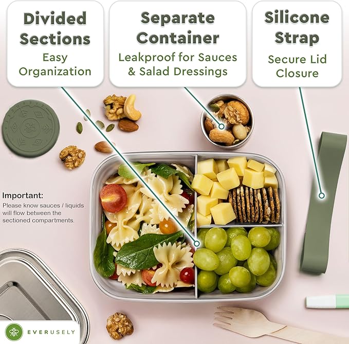Everusely - Bento Box - Sage, 37oz / 1.1 L - Stainless Steel Lunch Box - 3 - Image 4