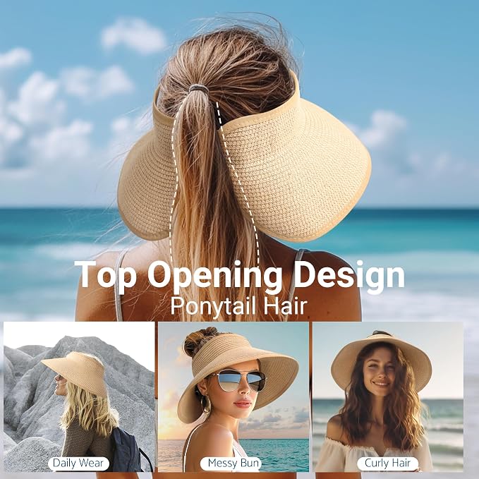 PFFY Sun Hats for Women Straw Beach Hat Packable Foldable Wide Brim Ponytail - Image 3