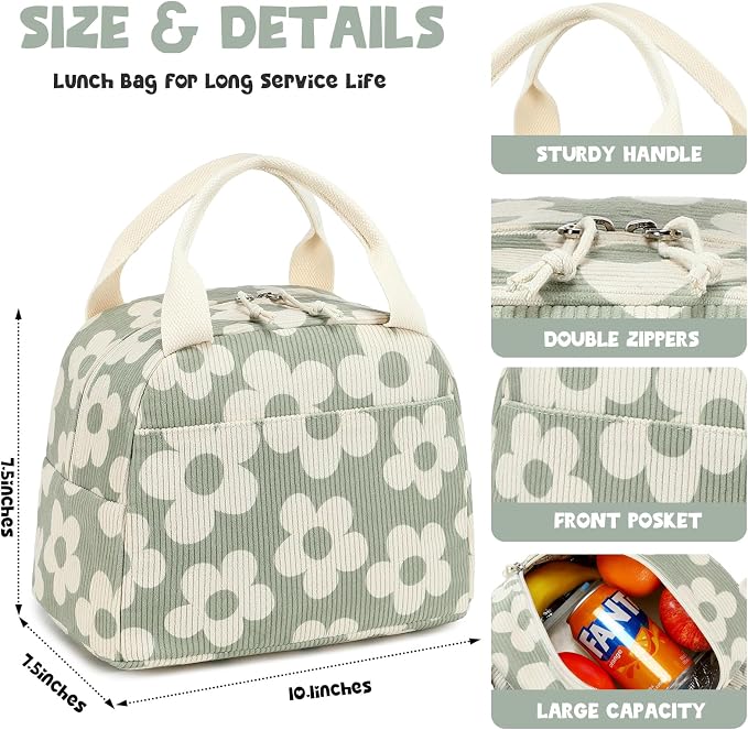 Bluboon Lunch Bag for Women Men Cute Corduroy Lunch Tote Bags Reusable - Image 3