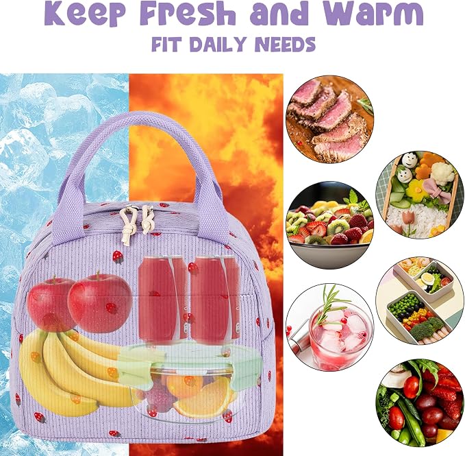 Bluboon Lunch Bag for Women Men Cute Corduroy Lunch Tote Bags Reusable - Image 7