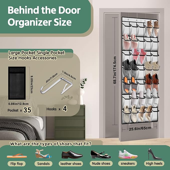 35 Pocket Over the Door Shoe Organizer, Reusable Breathable Large Mesh Bag - Image 2
