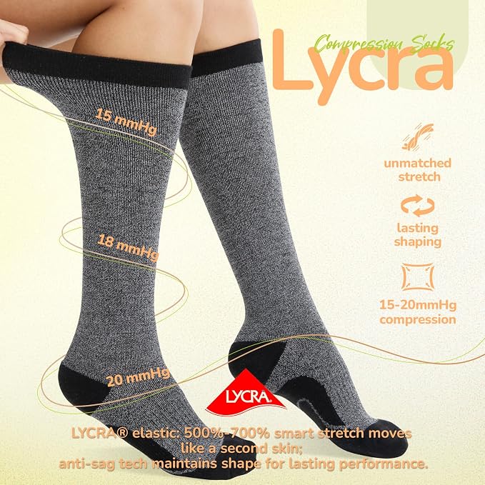 Merino Wool Compression Socks for Women Men, 15-20 mmHg Knee High Socks for - Image 5